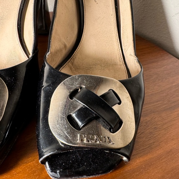 Prada Black Patent Leather Peep Toe Block Heel Pumps Size 40.5 - Picture 8 of 15